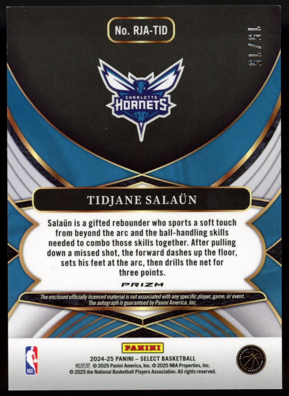 TIDJANE SALAUN 2024-25 Panini Select Rookie Patch Auto Pink Pulsar /15 Hornets