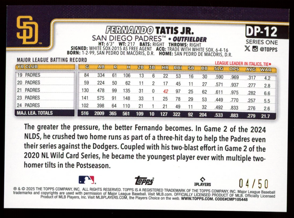 FERNANDO TATIS JR. 2025 Topps Series 1 Dugout Peeks Gold Foil /50 #DP-12 Padres