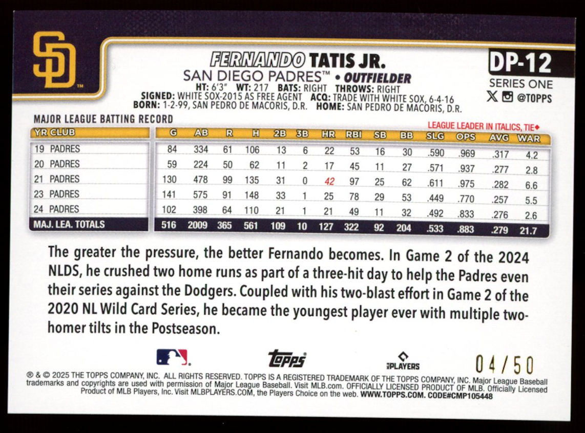 FERNANDO TATIS JR. 2025 Topps Series 1 Dugout Peeks Gold Foil /50 #DP-12 Padres