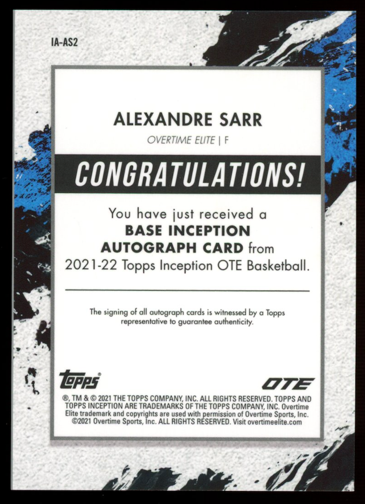 ALEXANDRE SARR 2021-22 Topps Inception OTE Rookie Auto Red /75 #IA-AS2 Wizards