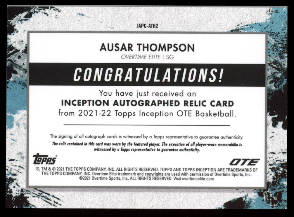 AUSAR THOMPSON 2021-22 Topps Inception OTE Rookie Patch Auto /199 Pistons