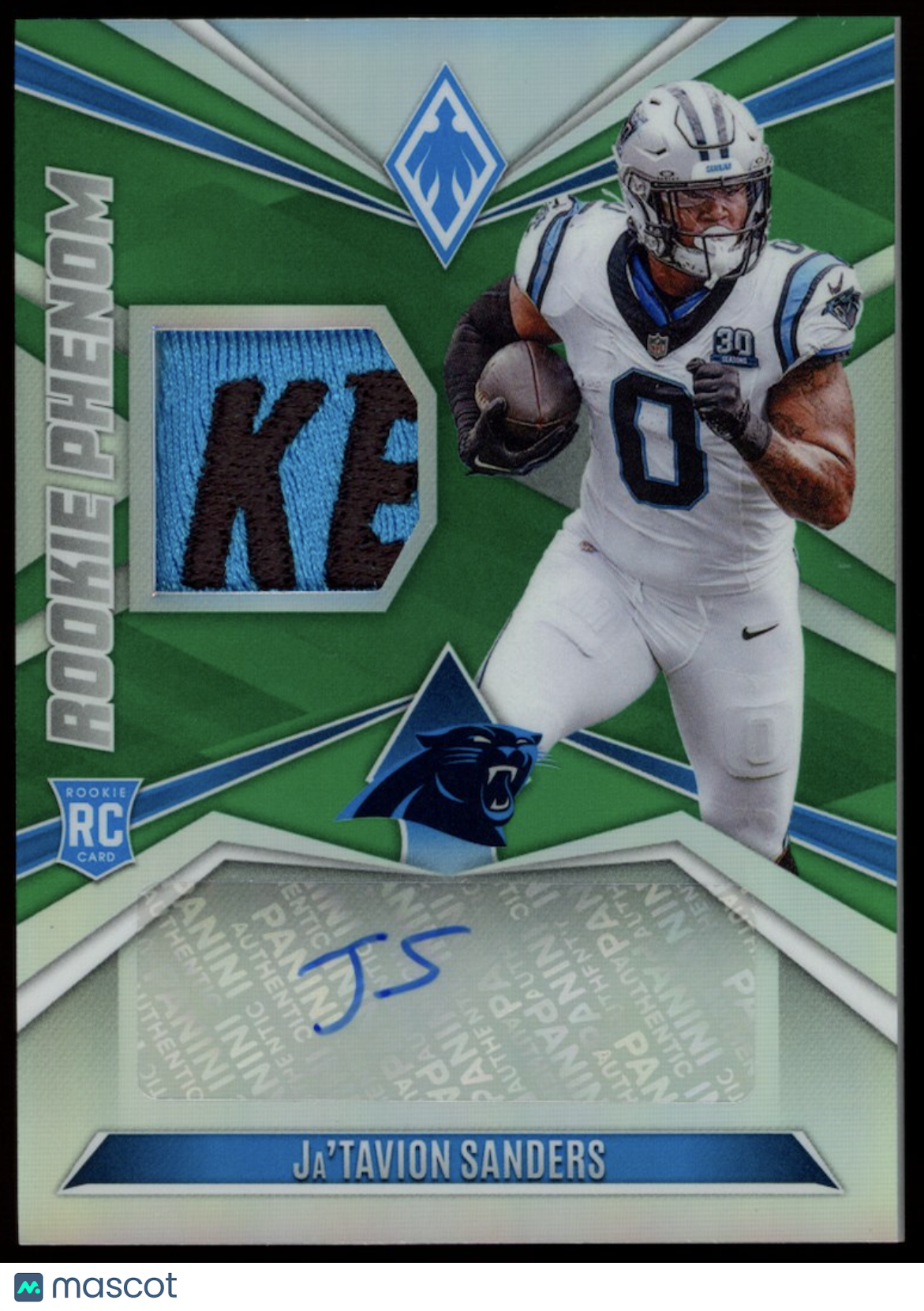 JA'TAVION SANDERS 2024 Panini Phoenix Rookie Phenom Jersey Patch Auto Green /25