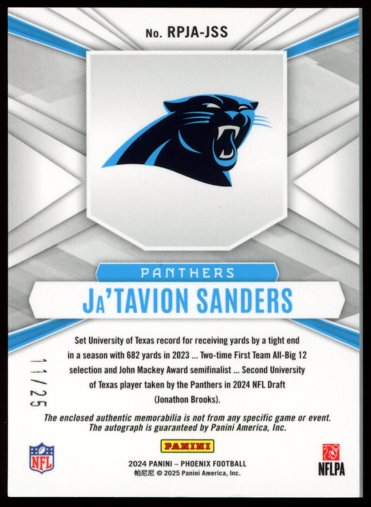 JA'TAVION SANDERS 2024 Panini Phoenix Rookie Phenom Jersey Patch Auto Green /25