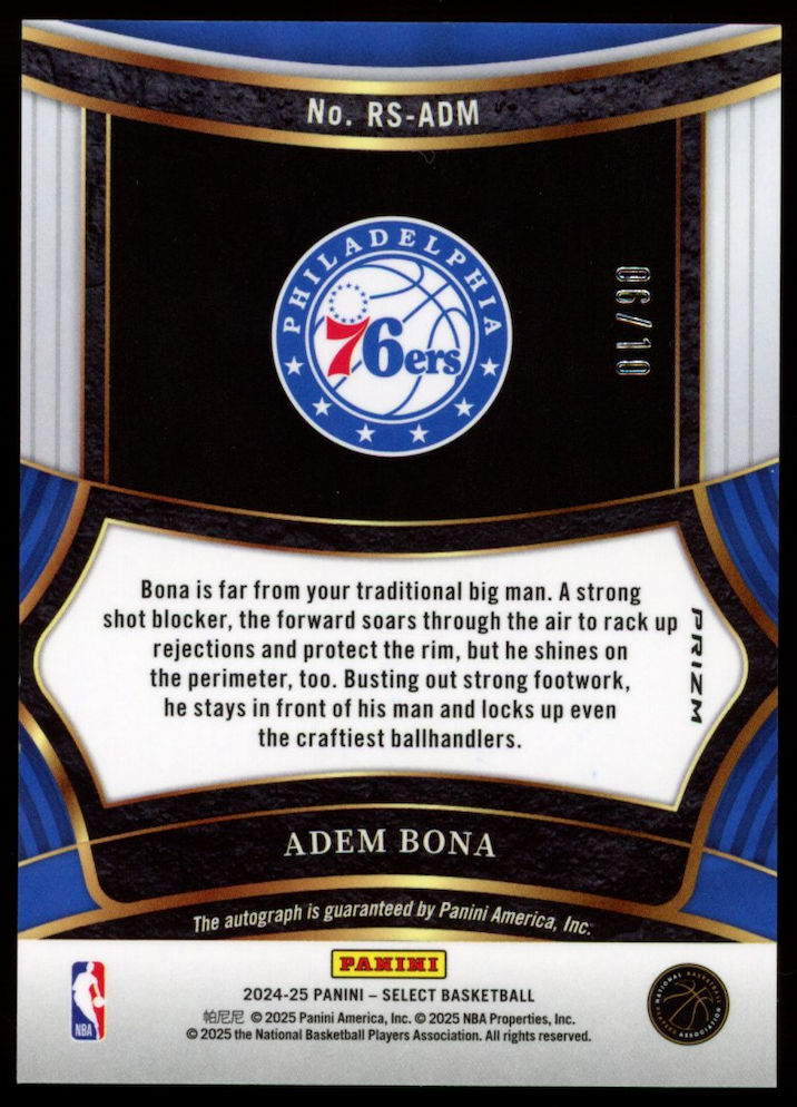 ADEM BONA 2024-25 Panini Select Rookie Signatures Auto Gold Prizm /10 76ers