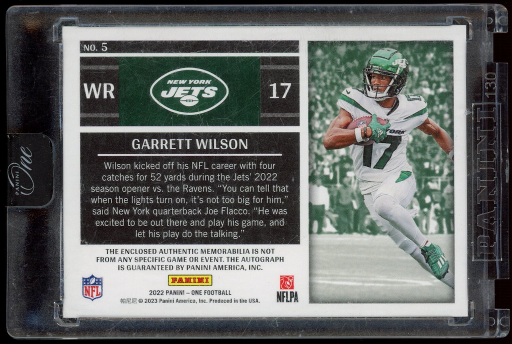 GARRETT WILSON 2022 Panini One Rookie Jumbo Patch Auto Bronze /49 #5 Jets