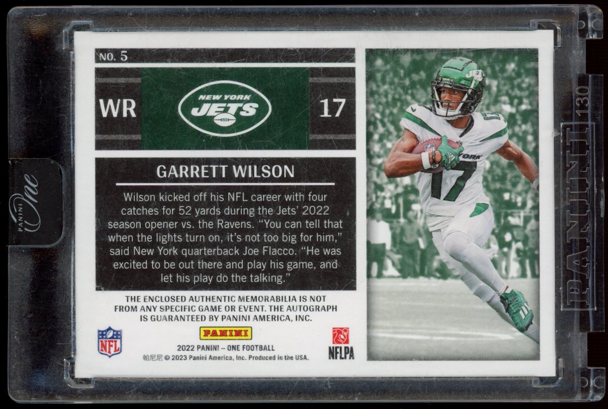 GARRETT WILSON 2022 Panini One Rookie Jumbo Patch Auto Bronze /49 #5 Jets
