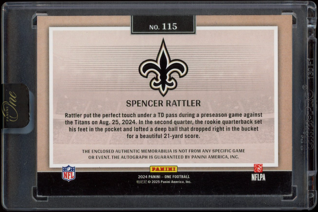 SPENCER RATTLER 2024 Panini One 3 Color Rookie Patch Auto /99 #115 Saints