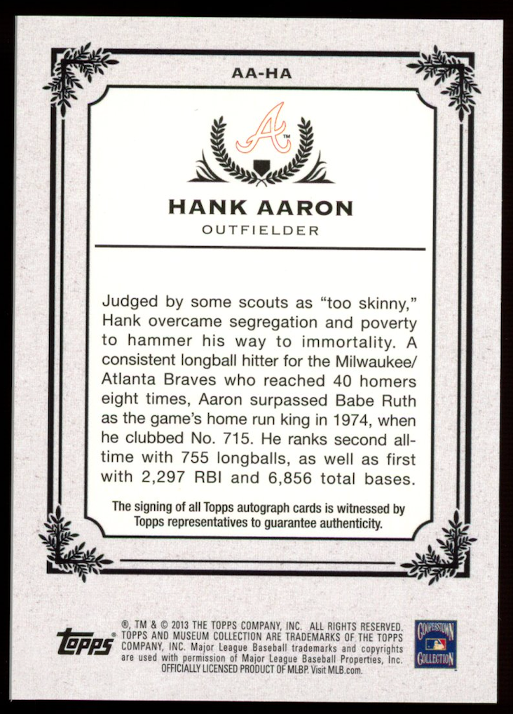 HANK AARON 2013 Topps Museum Collection Archival Auto /20 #AA-HA Braves