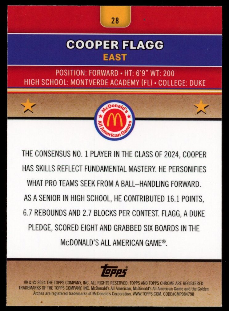 COOPER FLAGG 2024 Topps Chrome McDonald's All American RayWave Refractor #28