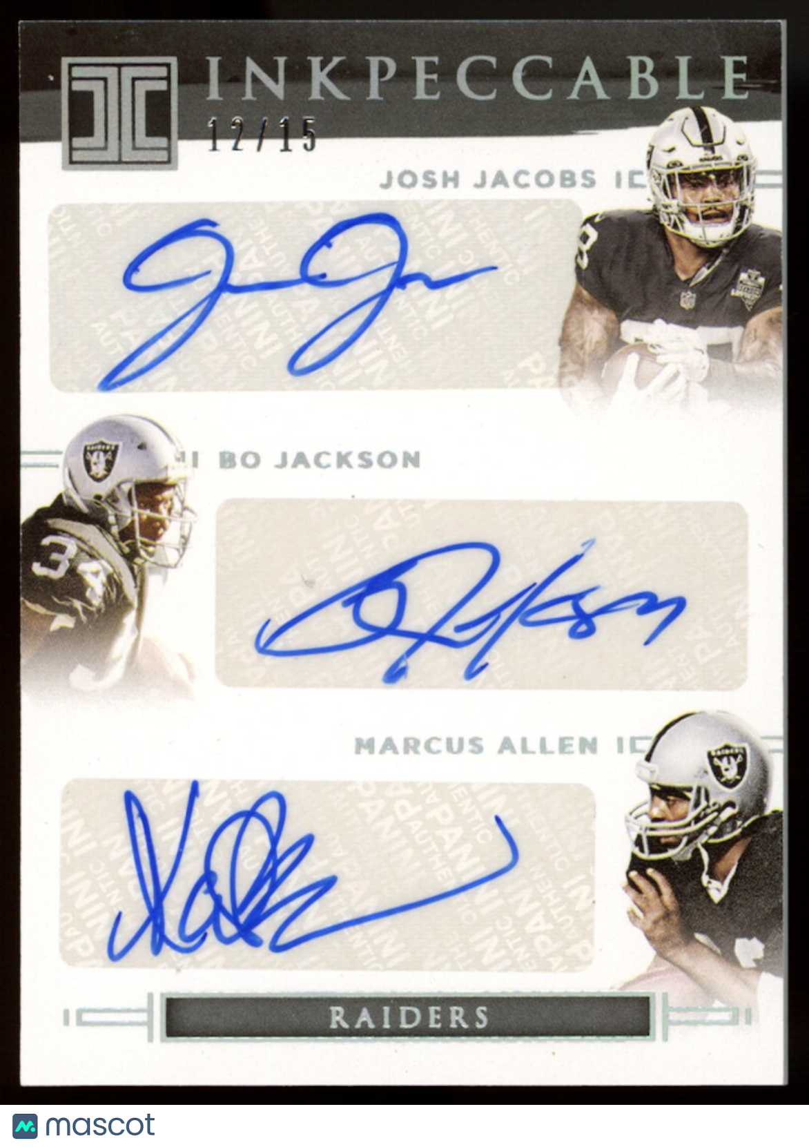 JOSH JACOBS BO JACKSON MARCUS ALLEN 2021 Panini Impeccable Triple Auto /15