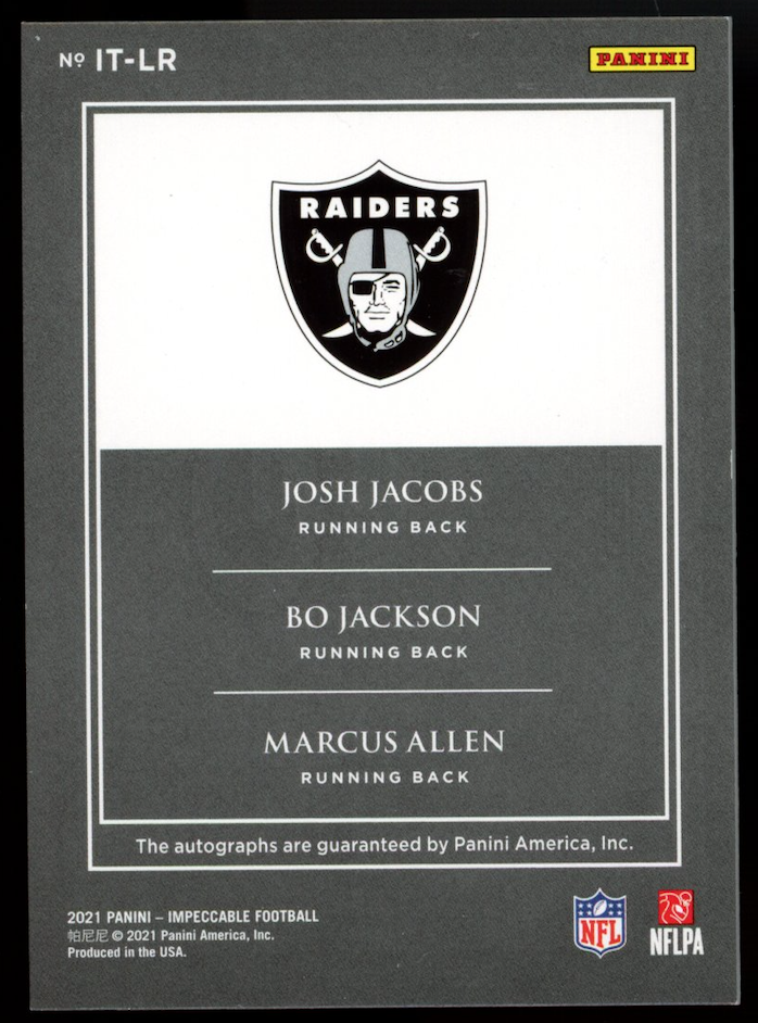 JOSH JACOBS BO JACKSON MARCUS ALLEN 2021 Panini Impeccable Triple Auto /15