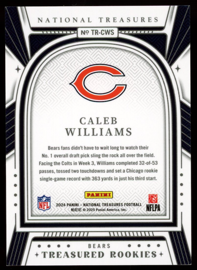 CALEB WILLIAMS 2024 Panini National Treasures Treasured Rookies /25 #TRCWS Bears