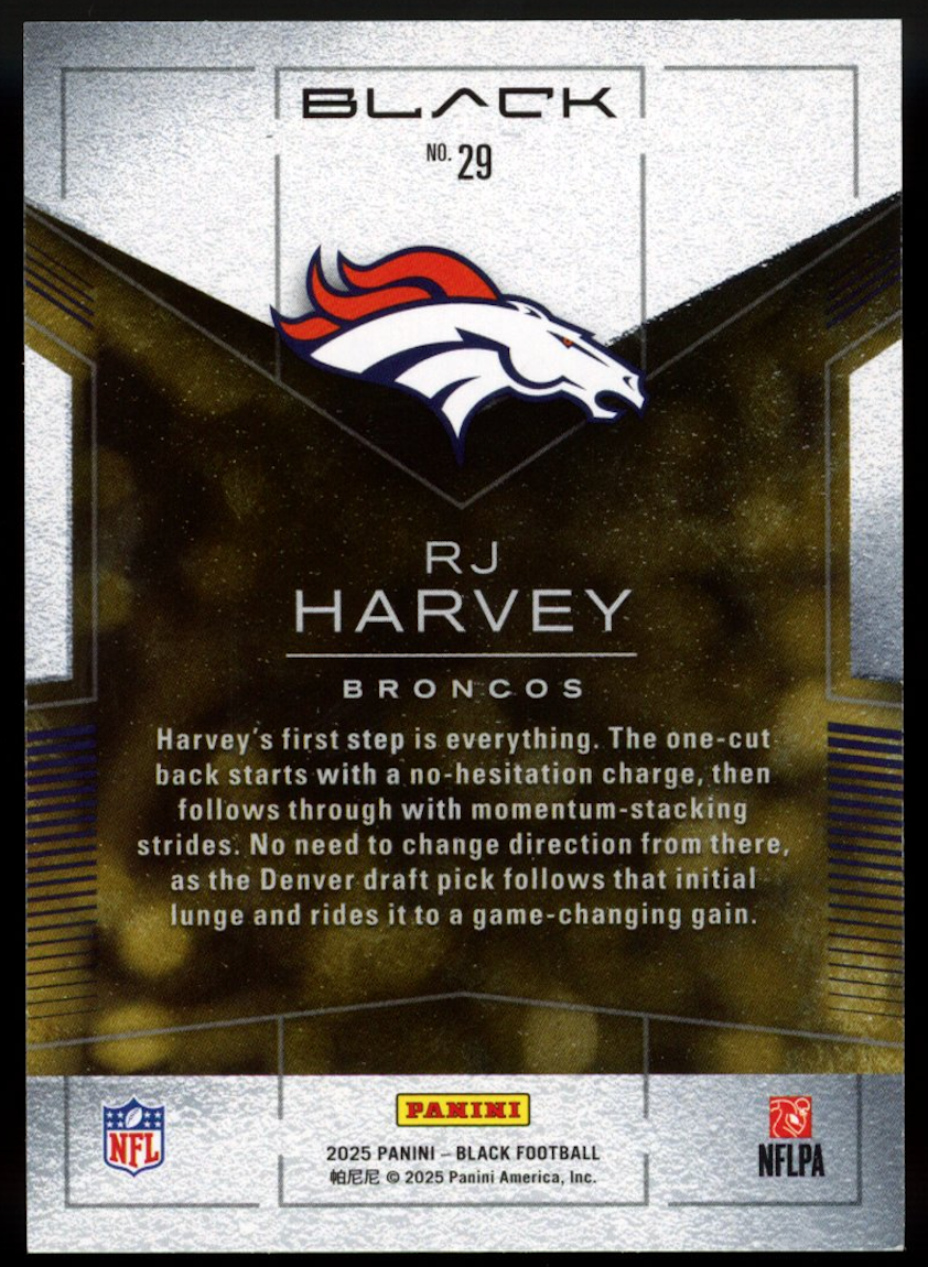 RJ HARVEY 2025 Panini Black Black Gold Rookie SSP #29 Denver Broncos