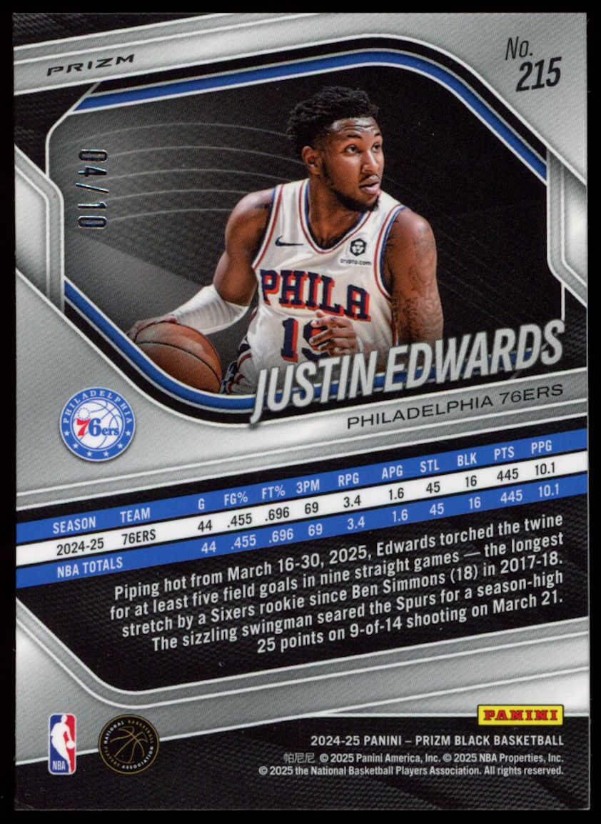 JUSTIN EDWARDS 2024-25 Panini Prizm Black Gold Shimmer /10 Rookie #215 76ers