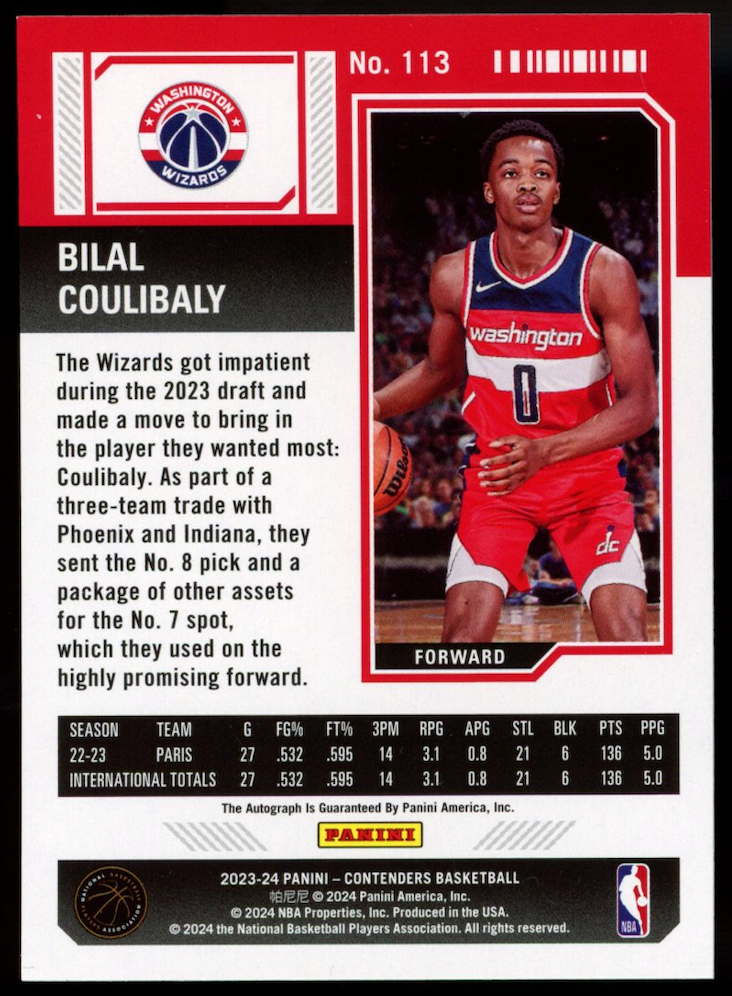 BILAL COULIBALY 2023-24 Panini Contenders Rookie Ticket Auto #113 Wizards
