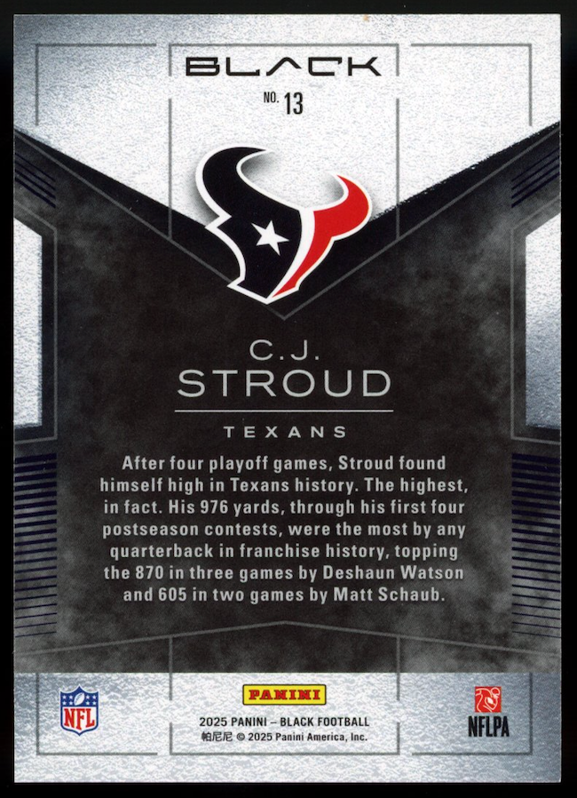 C.J. STROUD 2025 Panini Black Smokescreen Case Hit SSP #13 Texans