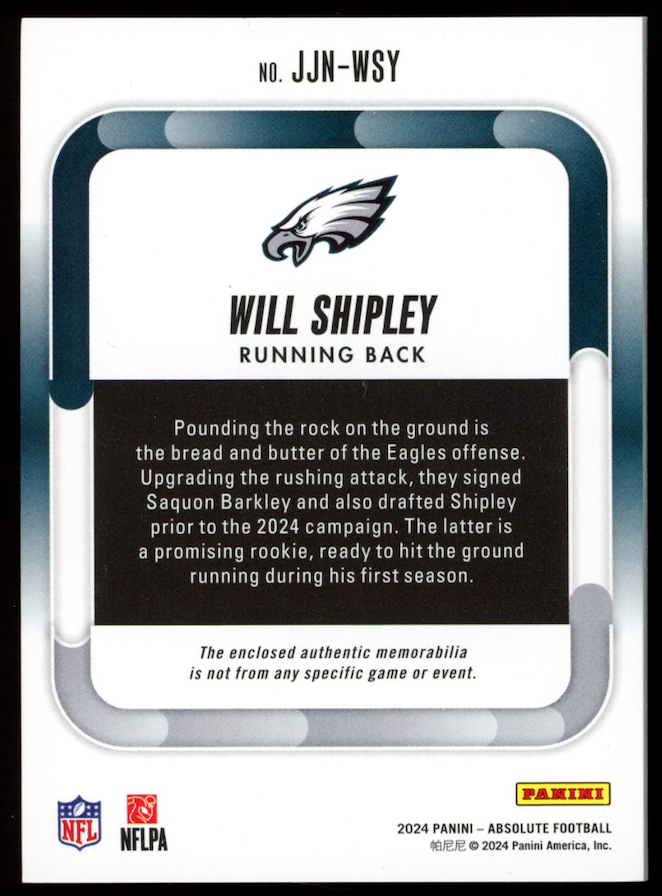 WILL SHIPLEY 2024 Panini Absolute Jumbo Rookie Jersey Patch /49 #JJN-WSY