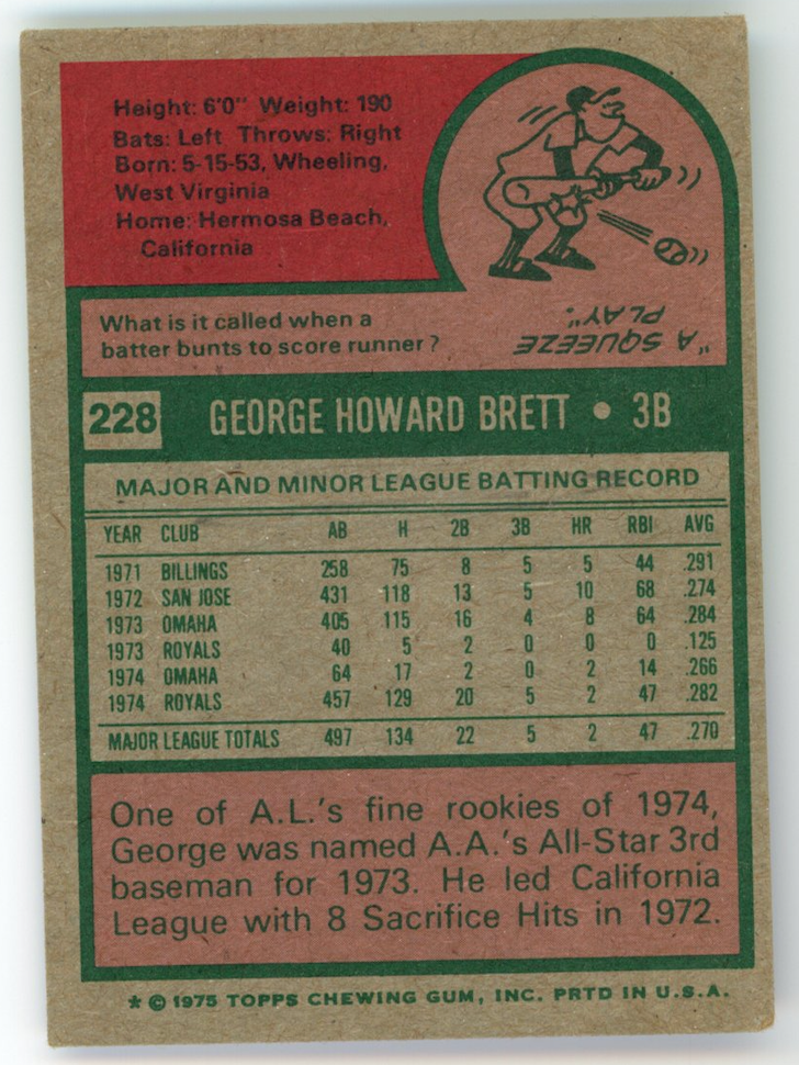 GEORGE BRETT 1975 Topps Baseball Rookie Card #228 Kansas City Royals