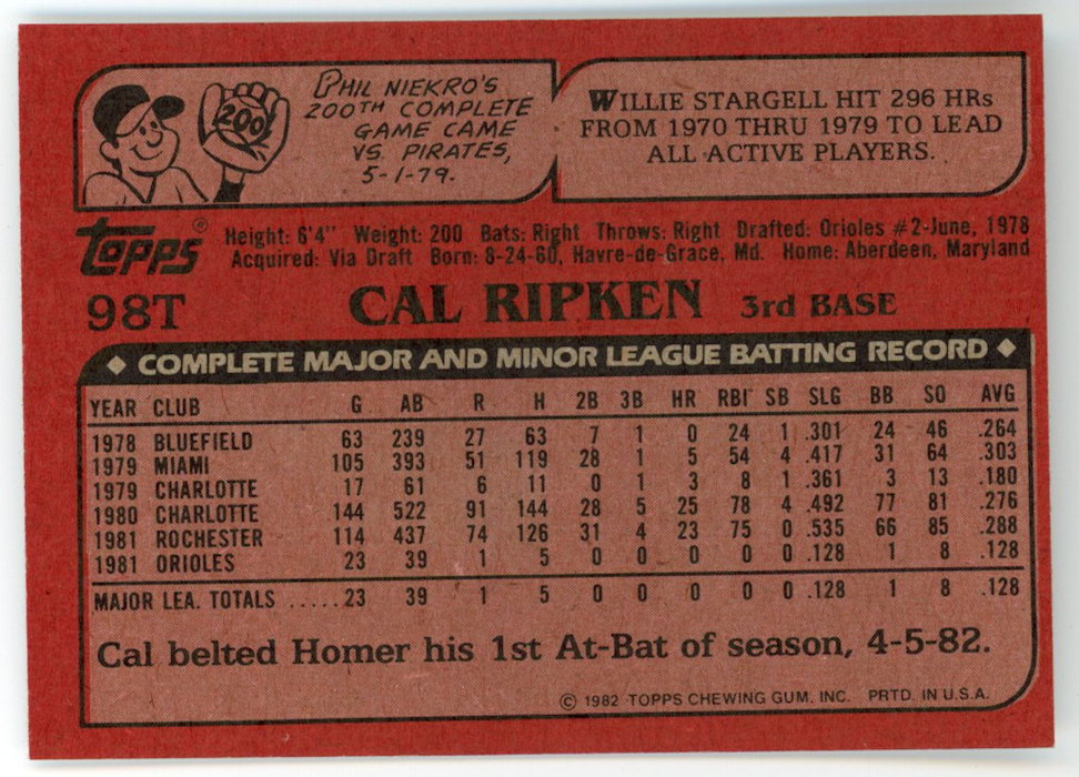 CAL RIPKEN JR. 1982 Topps Traded Rookie Card #98T Baltimore Orioles