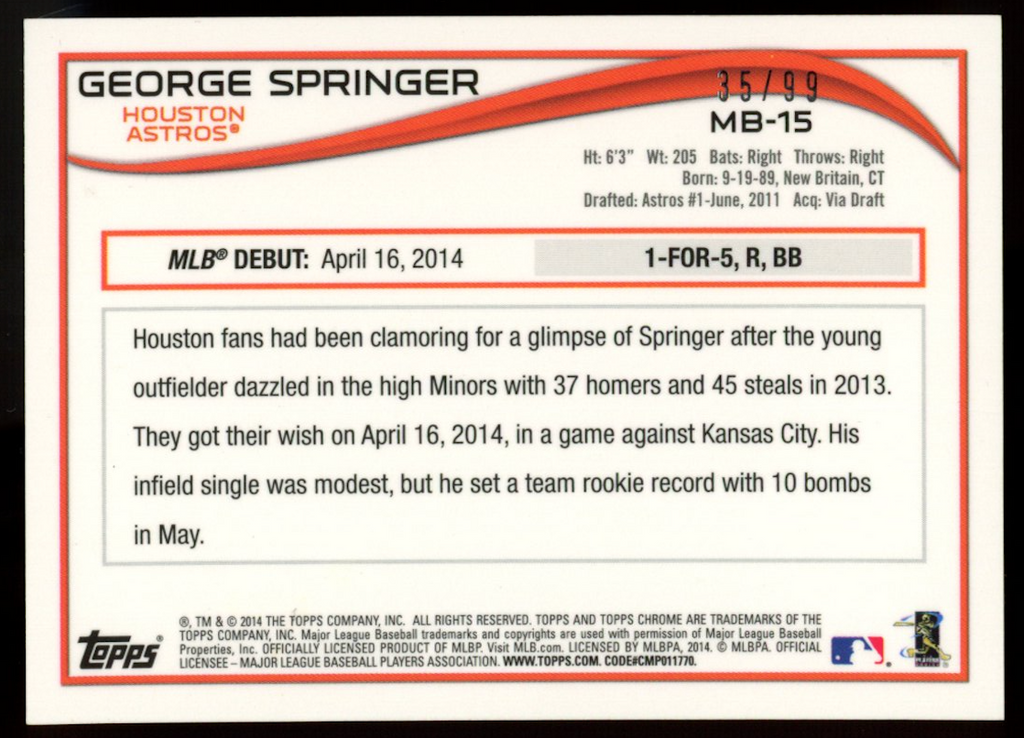 GEORGE SPRINGER 2014 Topps Chrome Update Rookie Black Refractor /99 #MB-15