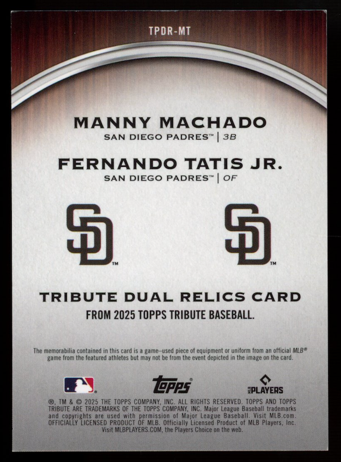 FERNANDO TATIS JR. MANNY MACHADO 2025 Topps Tribute Dual Relic Purple /50
