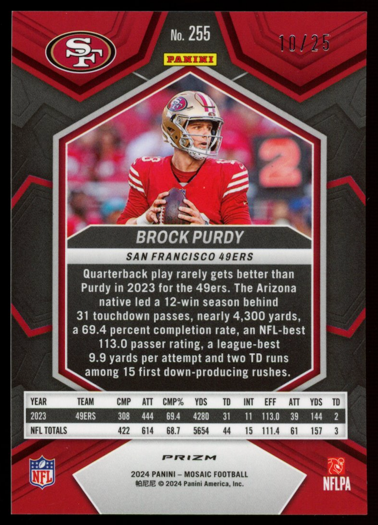 BROCK PURDY 2024 Panini Mosaic National Pride Orange Fluorescent Prizm /25 49ers