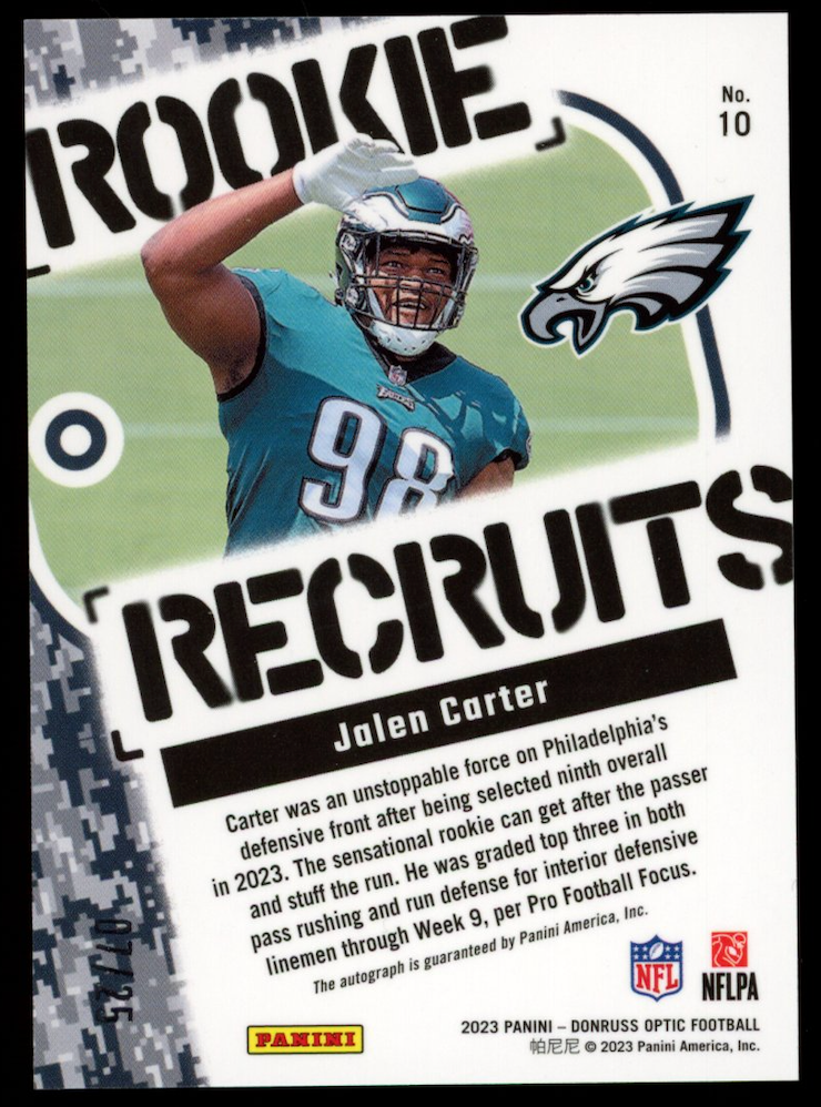 JALEN CARTER 2023 Panini Donruss Optic Rookie Recruits Auto Purple Stars /25