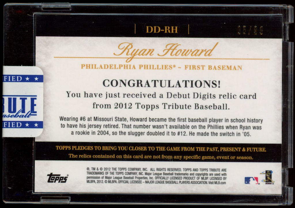 RYAN HOWARD 2012 Topps Tribute Debut Digits Dual Relic /99 #DD-RH Phillies