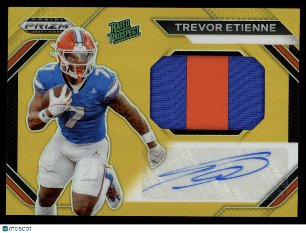 TREVOR ETIENNE 2024 Panini Prizm Draft Picks Rookie Patch Auto Gold /10 Gators