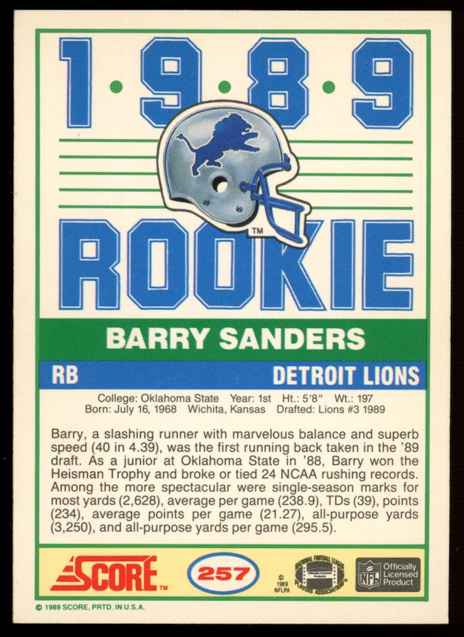BARRY SANDERS 1989 Score Football Rookie Card #257 Detroit Lions