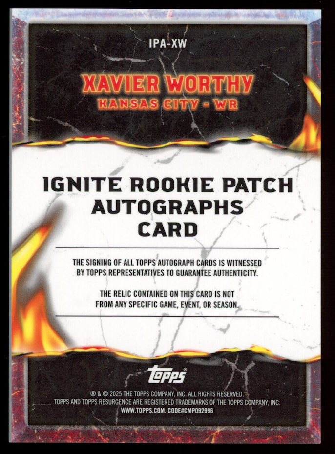 XAVIER WORTHY 2024 Topps Resurgence Ignite Rookie Patch Auto #IPA-XW Chiefs