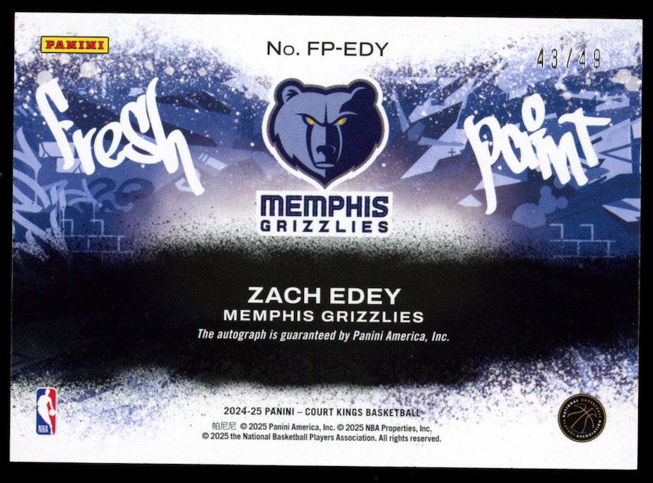 ZACH EDEY 2024-25 Panini Court Kings Fresh Paint Violet Rookie Auto /49 #FP-EDY