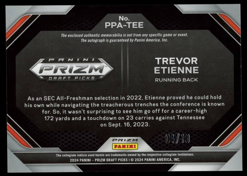 TREVOR ETIENNE 2024 Panini Prizm Draft Picks Rookie Patch Auto Gold /10 Gators