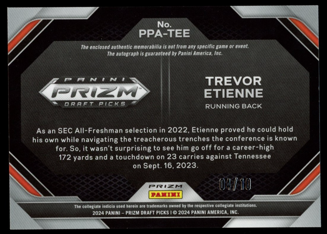 TREVOR ETIENNE 2024 Panini Prizm Draft Picks Rookie Patch Auto Gold /10 Gators