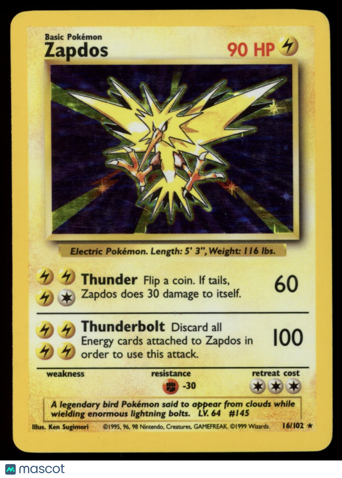 ZAPDOS 1999 Pokemon Base Set Unlimited Holo Rare #16/102