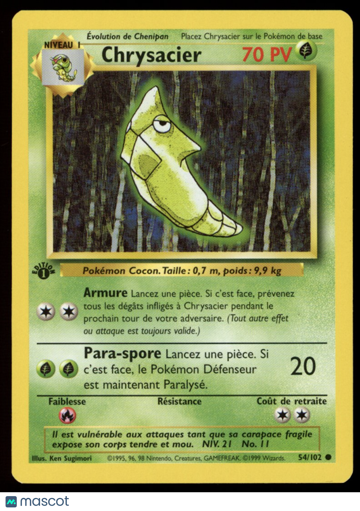 METAPOD Chrysacier 1999 Pokemon Base Set #54/102 French 1st Edition