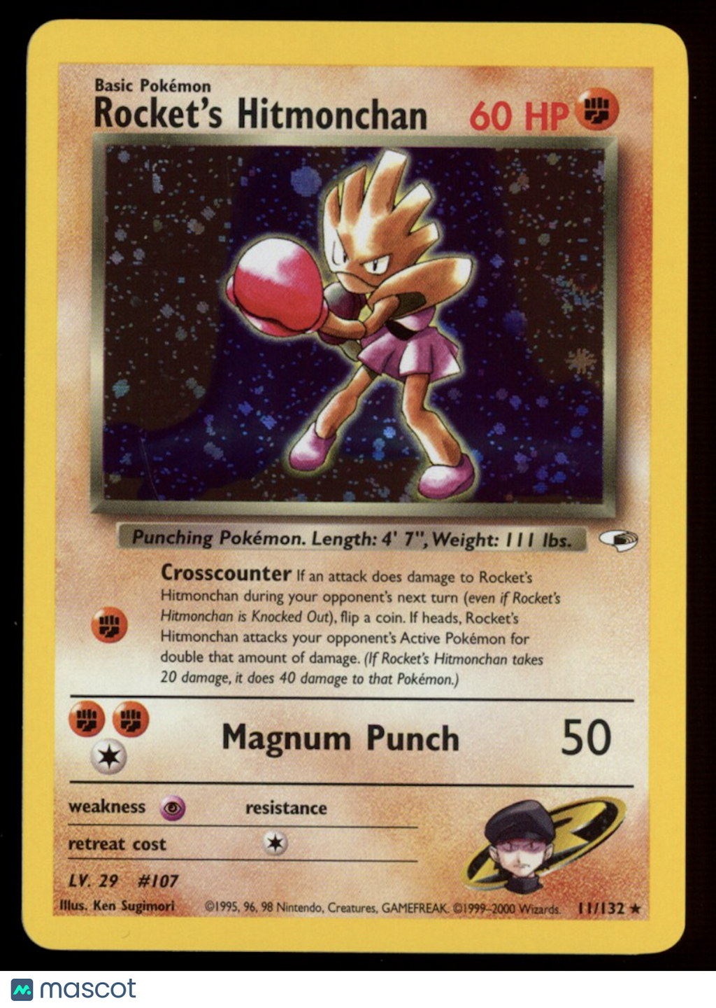 ROCKET'S HITMONCHAN 2000 Pokemon Gym Heroes Holo Rare #11/132 NM+