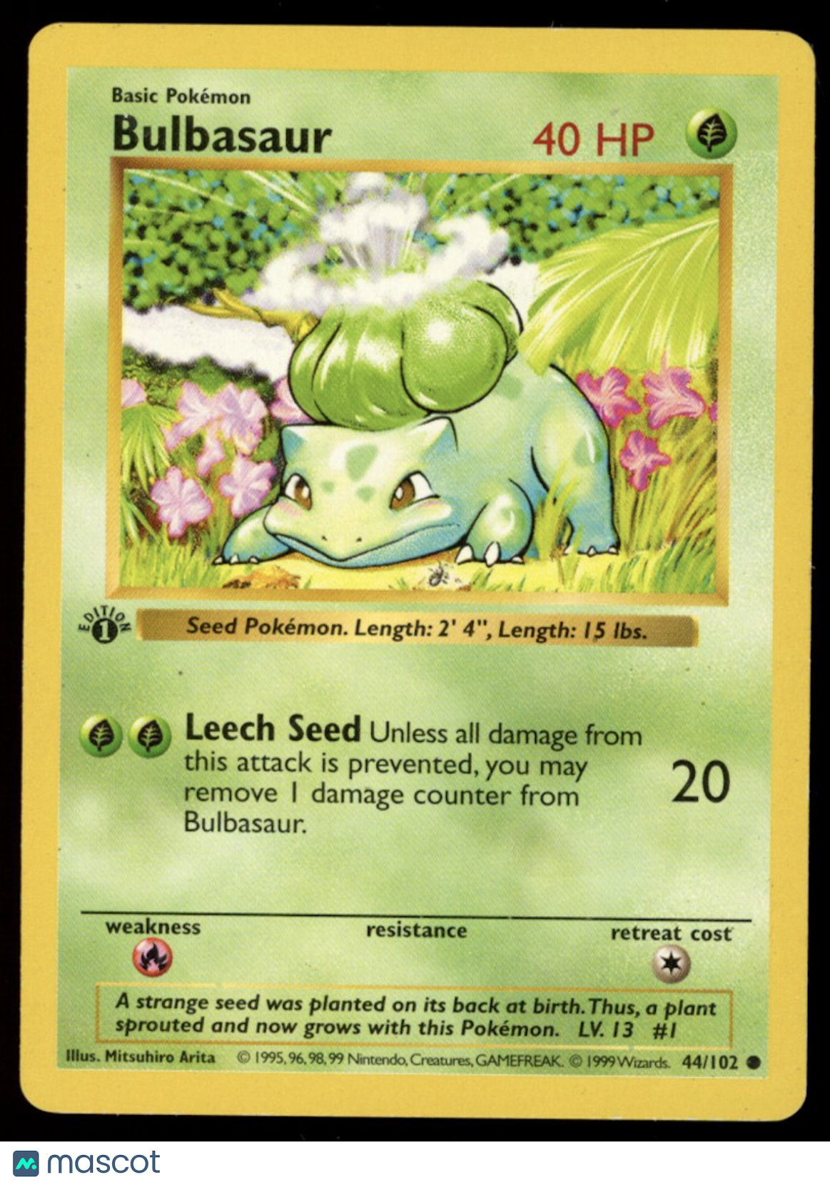 BULBASAUR 1999 Pokemon Base Set Shadowless 1st Edition #44/102