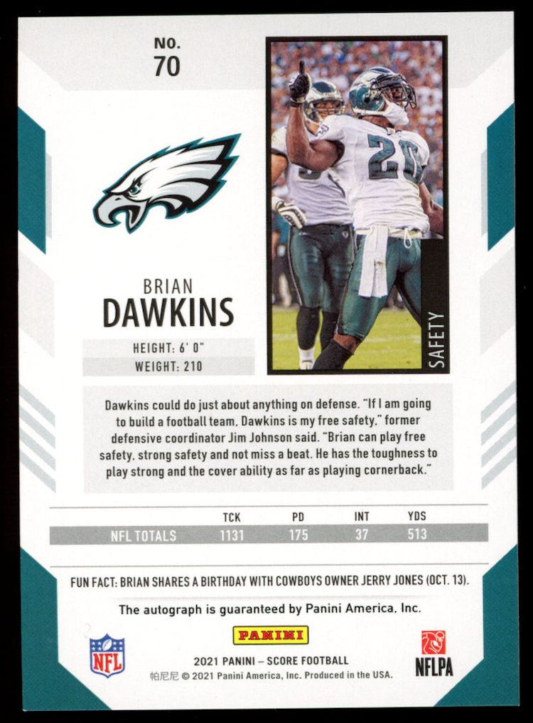 BRIAN DAWKINS 2021 Panini Score Gold Zone Auto /50 #70 Philadelphia Eagles