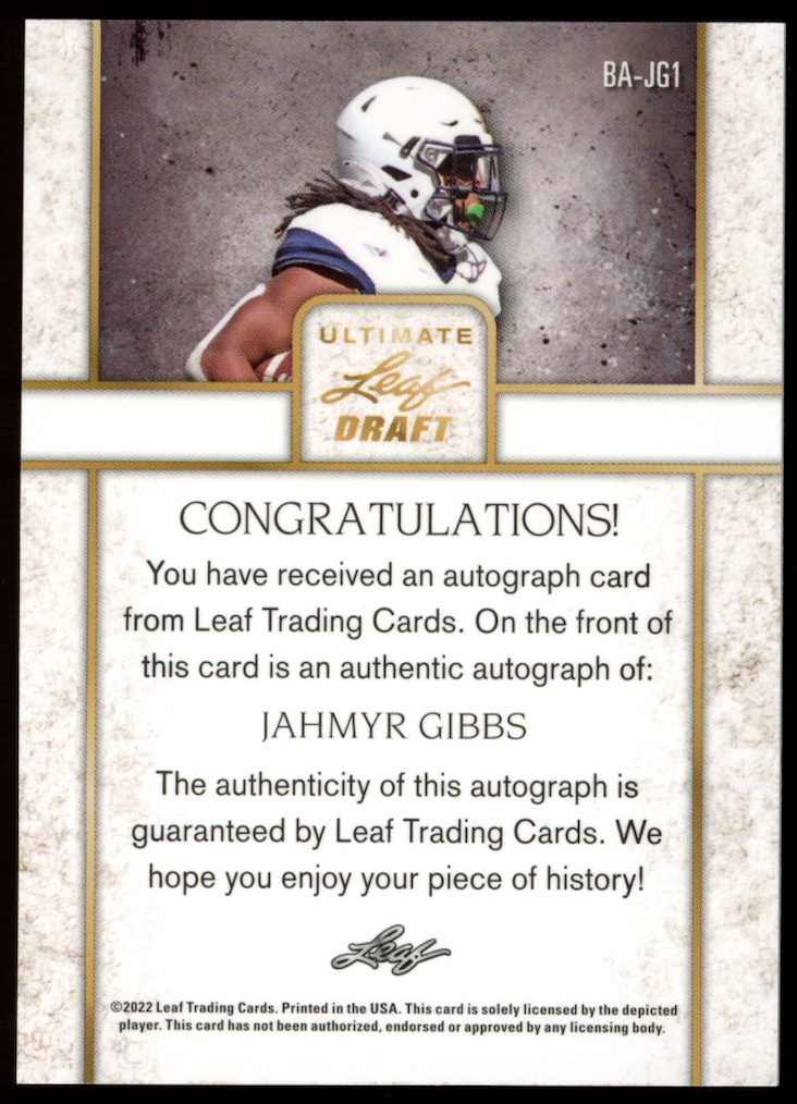 JAHMYR GIBBS 2022 Leaf Ultimate Draft Rookie Auto /99 #BA-JG1 Georgia Tech