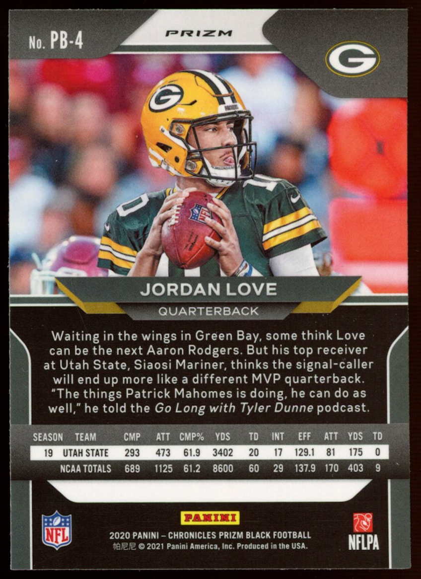 JORDAN LOVE 2021 Panini Chronicles Prizm Black Silver Rookie #PB-4 Packers