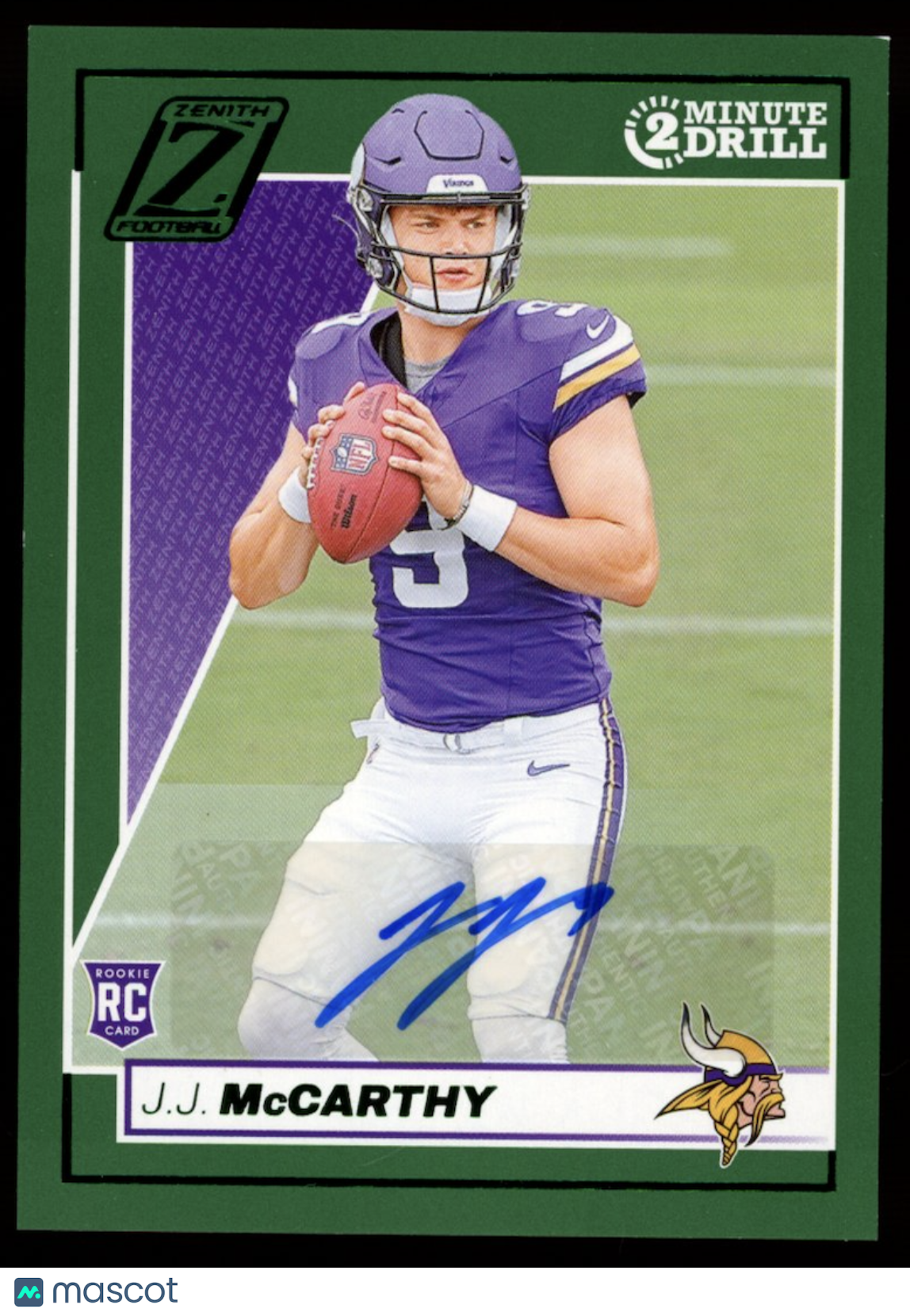 J.J. MCCARTHY 2024 Panini Zenith 2 Minute Drill Rookie Auto Green #135 Vikings