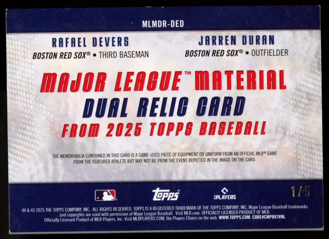 RAFAEL DEVERS JARREN DURAN 2025 Topps Major League Material Dual Patch Red /5