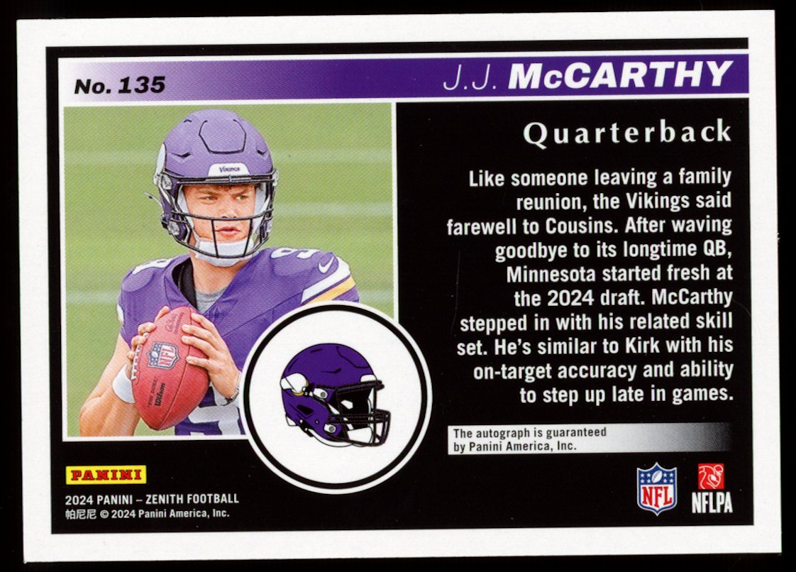 J.J. MCCARTHY 2024 Panini Zenith 2 Minute Drill Rookie Auto Green #135 Vikings