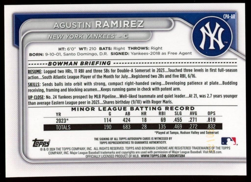 AGUSTIN RAMIREZ 2024 Bowman Chrome 1st Prospect Green Refractor Auto /99 #CPA-AR