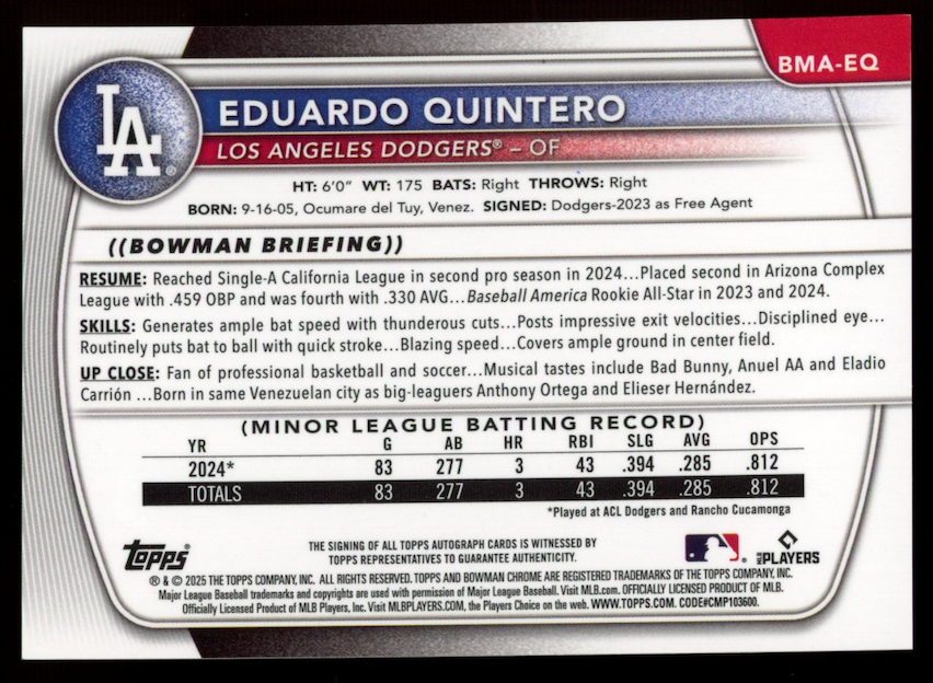 EDUARDO QUINTERO 2025 Bowman Chrome Mega Box Purple Mojo Refractor Auto /199
