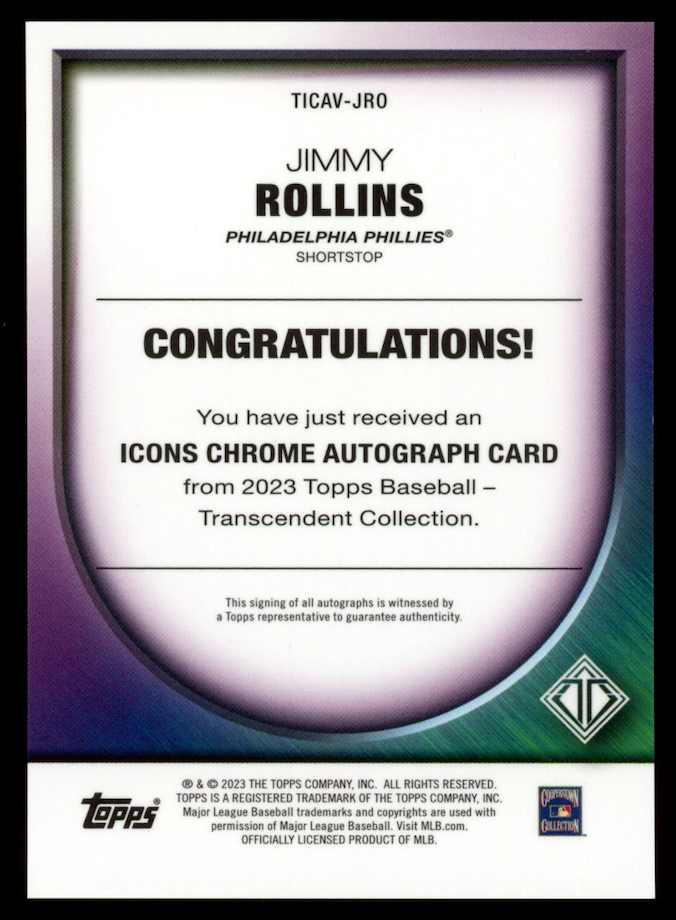 JIMMY ROLLINS 2023 Topps Transcendent Collection Icons Chrome Auto Red /5