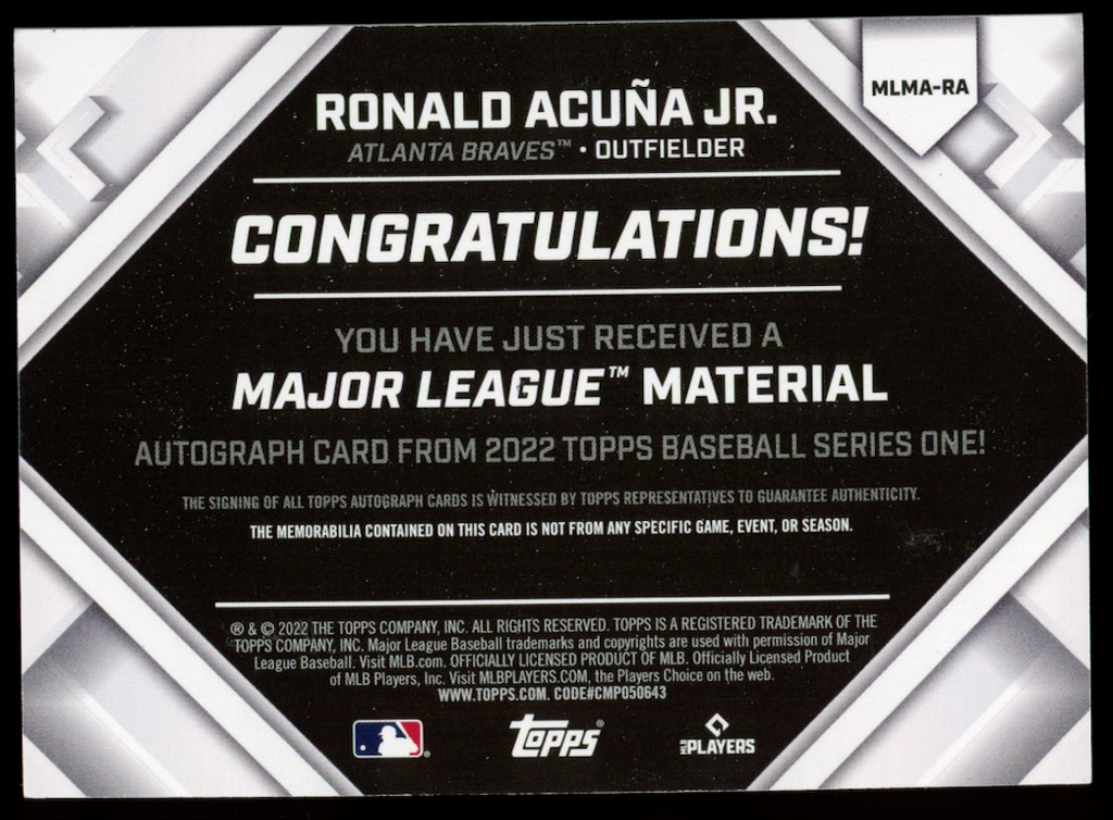 RONALD ACUNA JR. 2022 Topps Series 1 Major League Material Patch Auto /50 Braves