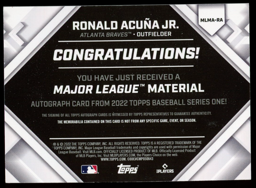 RONALD ACUNA JR. 2022 Topps Series 1 Major League Material Patch Auto /50 Braves
