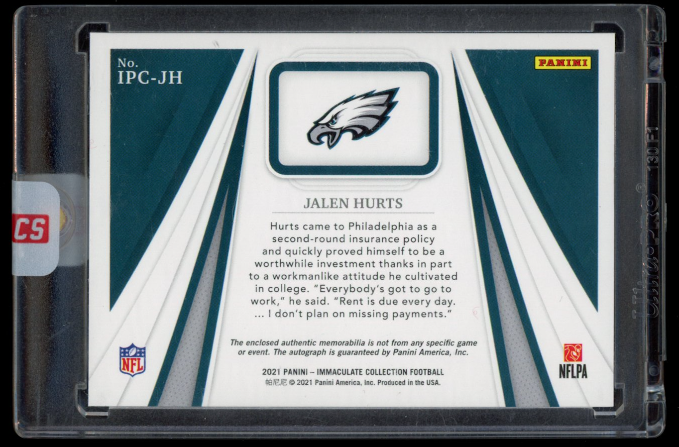 JALEN HURTS 2021 Panini Immaculate Player's Collection Patch Auto /75 Eagles